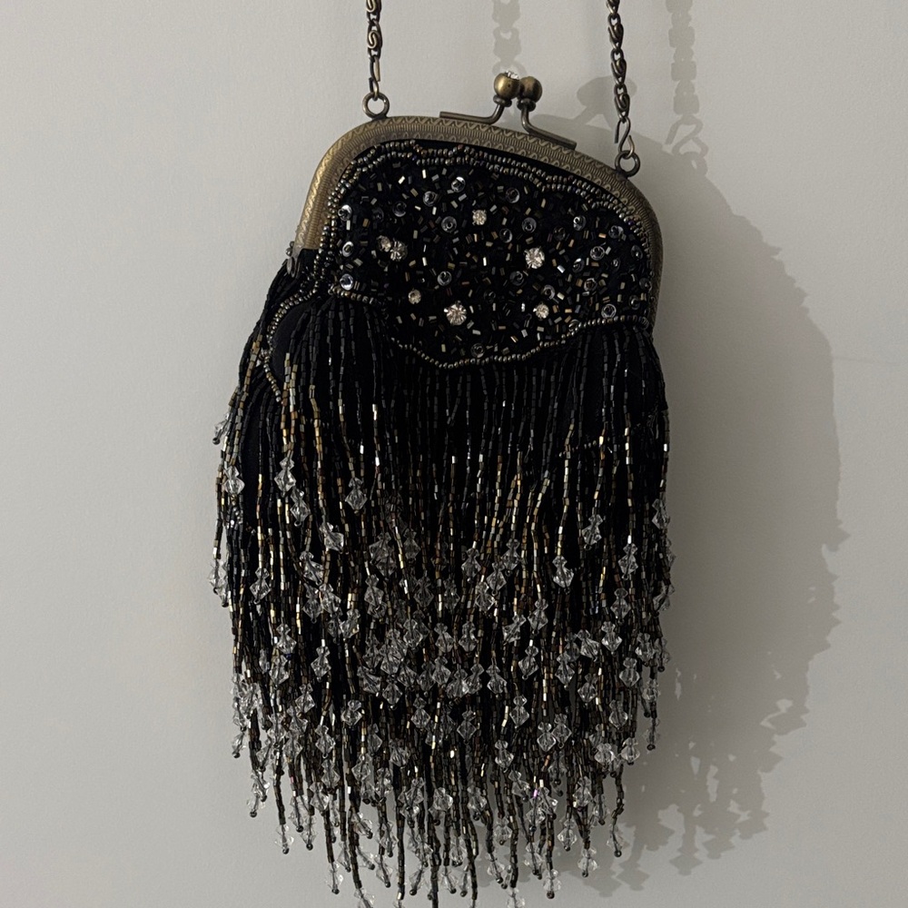 Vintage Beaded Black, Gold  and Silver Fringe Evening Bag. No Label